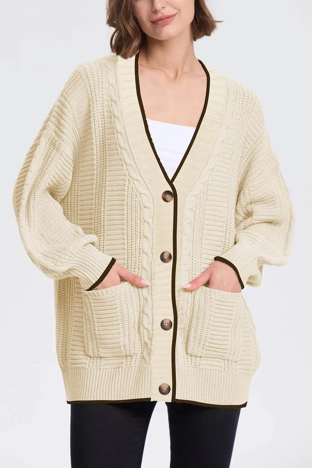 Cakulo Womens Oversized Chunky Cable Knit Cardigan Sweaters 2024 Fall Open Front Button Women Cardigans Pocket