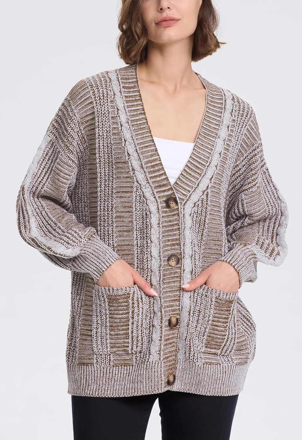 Cakulo Womens Oversized Chunky Cable Knit Cardigan Sweaters 2024 Fall Open Front Button Women Cardigans Pocket