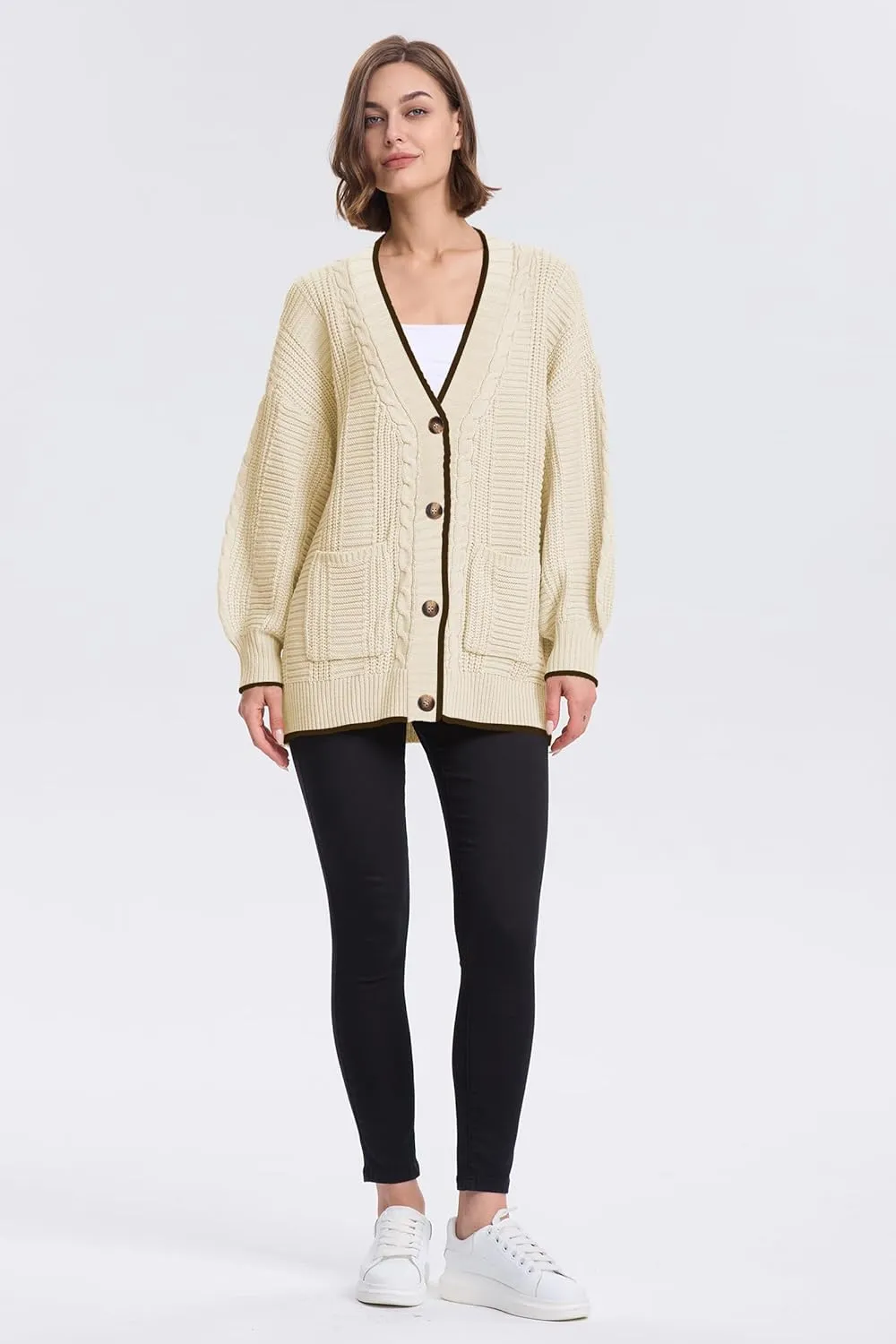 Cakulo Womens Oversized Chunky Cable Knit Cardigan Sweaters 2024 Fall Open Front Button Women Cardigans Pocket