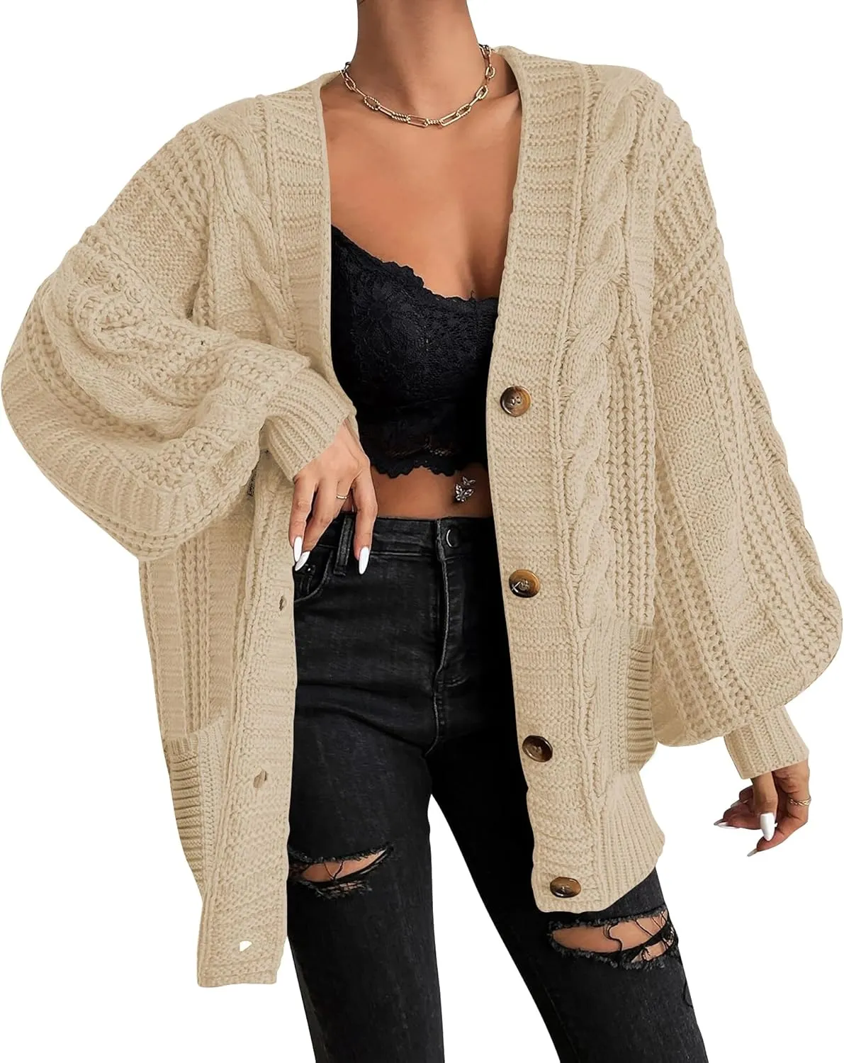 Cakulo Womens Oversized Chunky Cable Knit Cardigan Sweaters 2024 Fall Open Front Button Women Cardigans Pocket