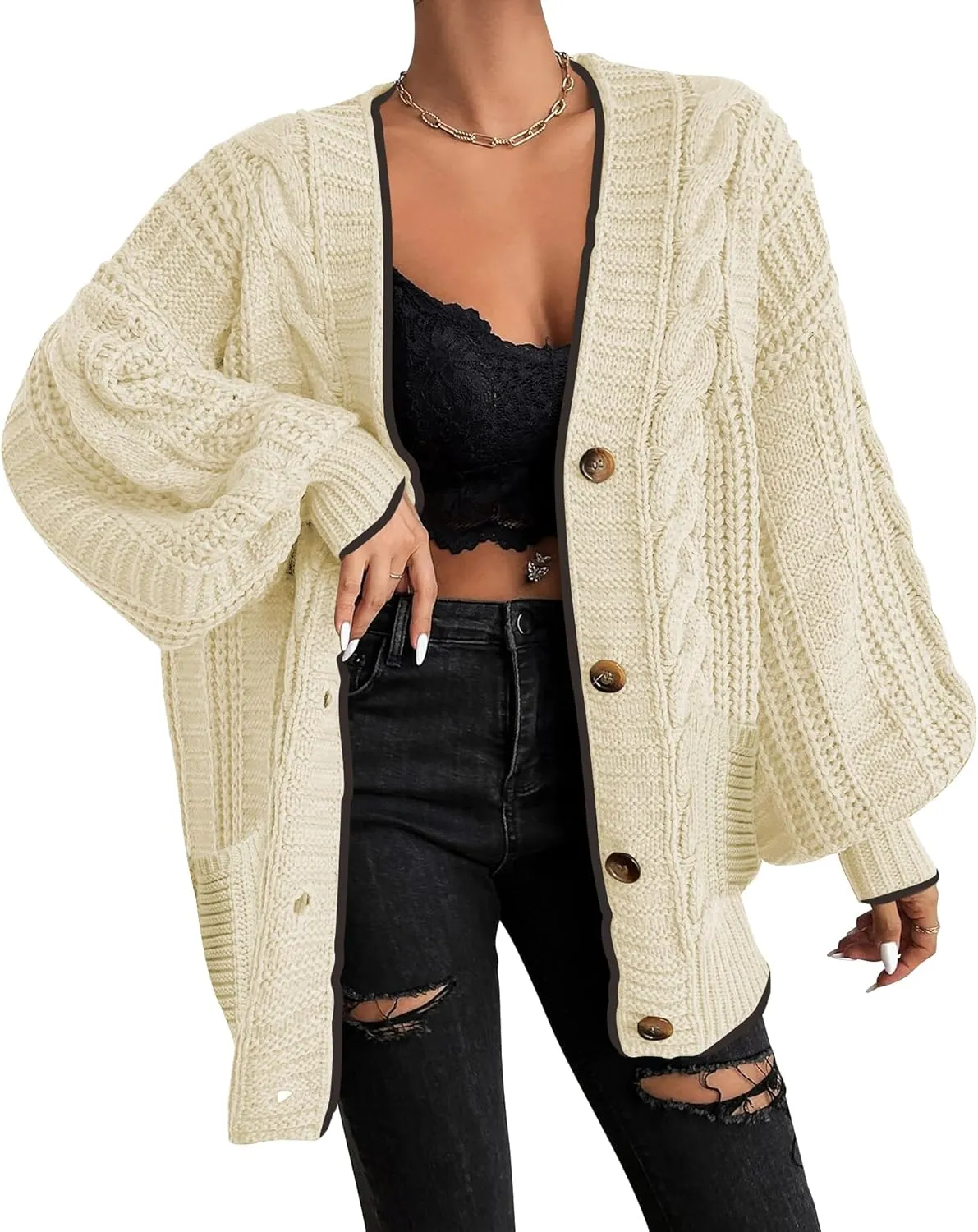 Cakulo Womens Oversized Chunky Cable Knit Cardigan Sweaters 2024 Fall Open Front Button Women Cardigans Pocket