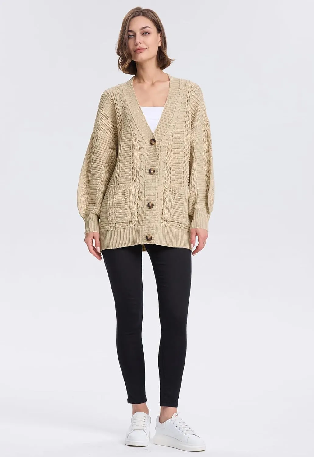 Cakulo Womens Oversized Chunky Cable Knit Cardigan Sweaters 2024 Fall Open Front Button Women Cardigans Pocket
