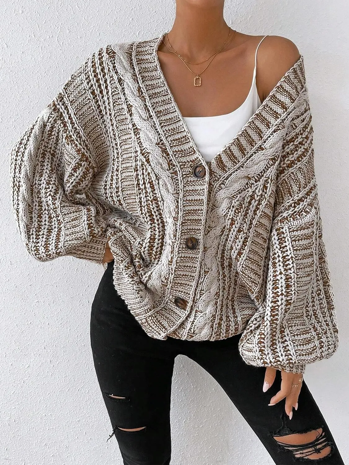 Cakulo Womens Oversized Chunky Cable Knit Cardigan Sweaters 2024 Fall Open Front Button Women Cardigans Pocket