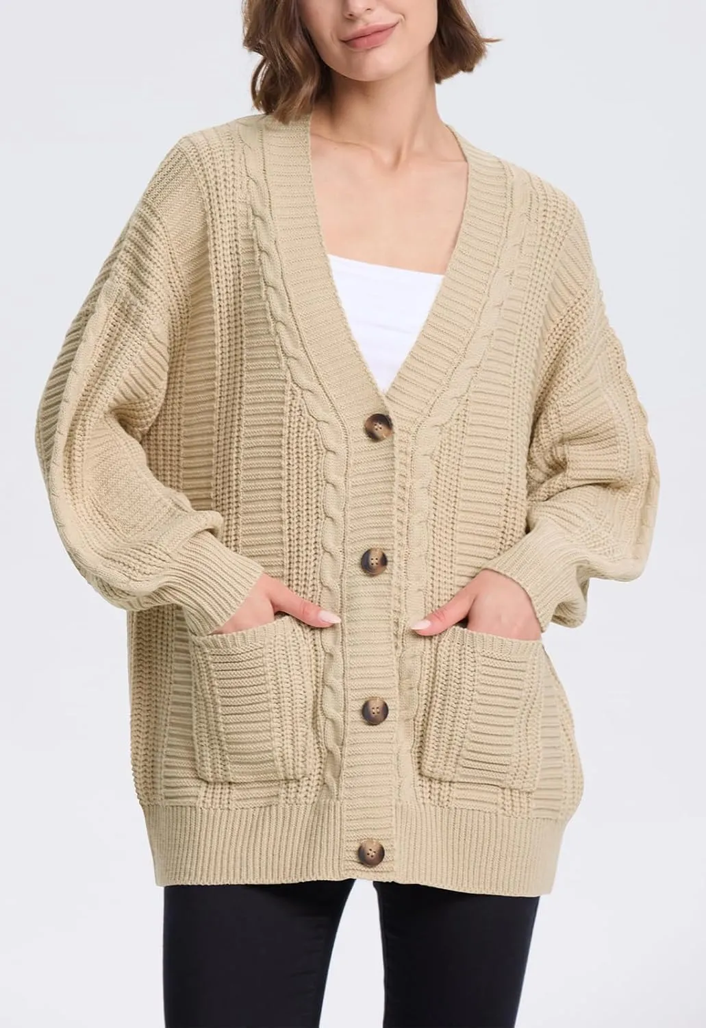 Cakulo Womens Oversized Chunky Cable Knit Cardigan Sweaters 2024 Fall Open Front Button Women Cardigans Pocket