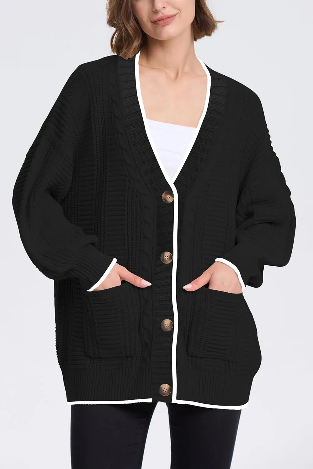 Cakulo Womens Oversized Chunky Cable Knit Cardigan Sweaters 2024 Fall Open Front Button Women Cardigans Pocket