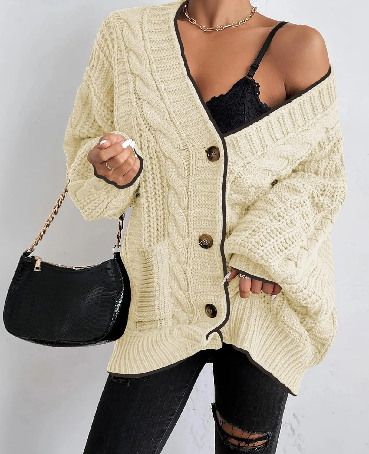 Cakulo Womens Oversized Chunky Cable Knit Cardigan Sweaters 2024 Fall Open Front Button Women Cardigans Pocket
