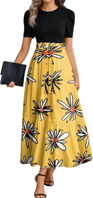 Casual Dresses for Women 2025, Elegant Bow Detail Beach Boho High Waisted Flower Print Womens Sundresses