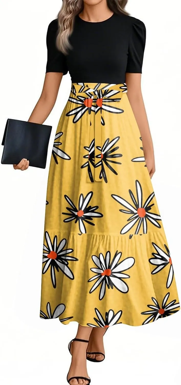 Casual Dresses for Women 2025, Elegant Bow Detail Beach Boho High Waisted Flower Print Womens Sundresses