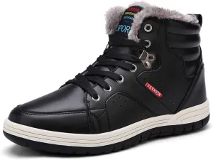 CERYTHRINA Men's Leather Snow Boots Waterproof Fur Lined Lace Up Ankle Sneakers High Top Winter Shoes