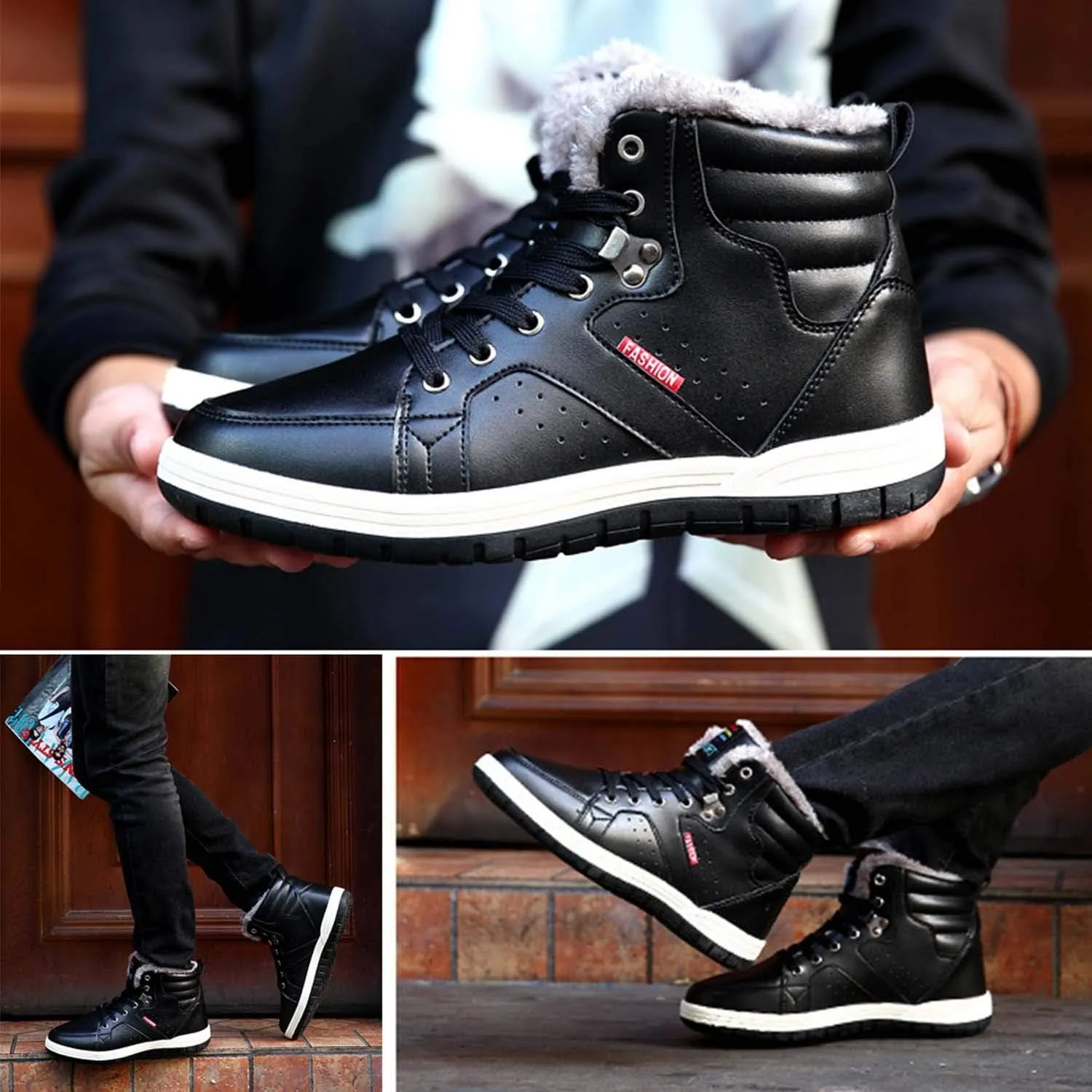 CERYTHRINA Men's Leather Snow Boots Waterproof Fur Lined Lace Up Ankle Sneakers High Top Winter Shoes