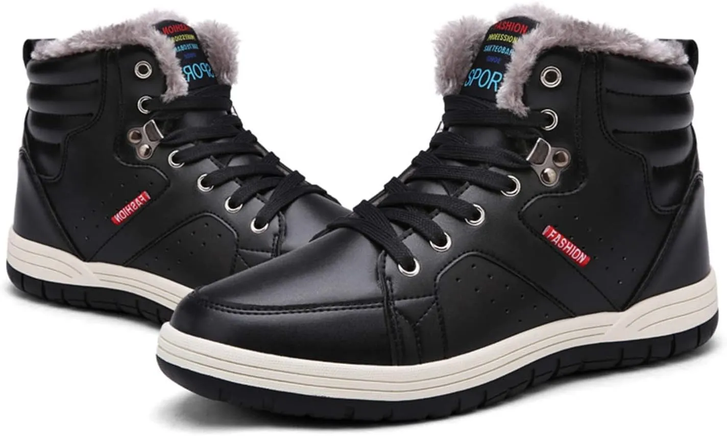 CERYTHRINA Men's Leather Snow Boots Waterproof Fur Lined Lace Up Ankle Sneakers High Top Winter Shoes