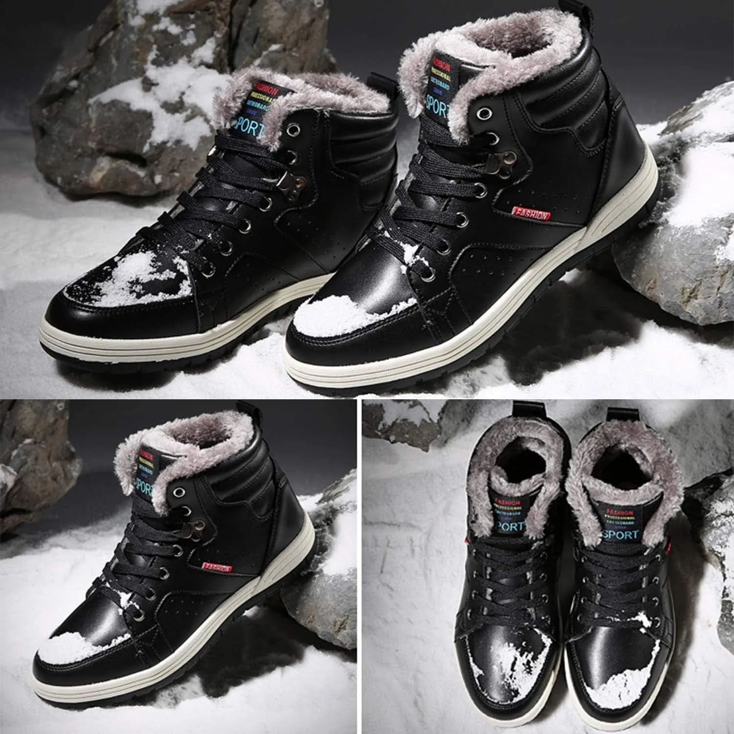 CERYTHRINA Men's Leather Snow Boots Waterproof Fur Lined Lace Up Ankle Sneakers High Top Winter Shoes