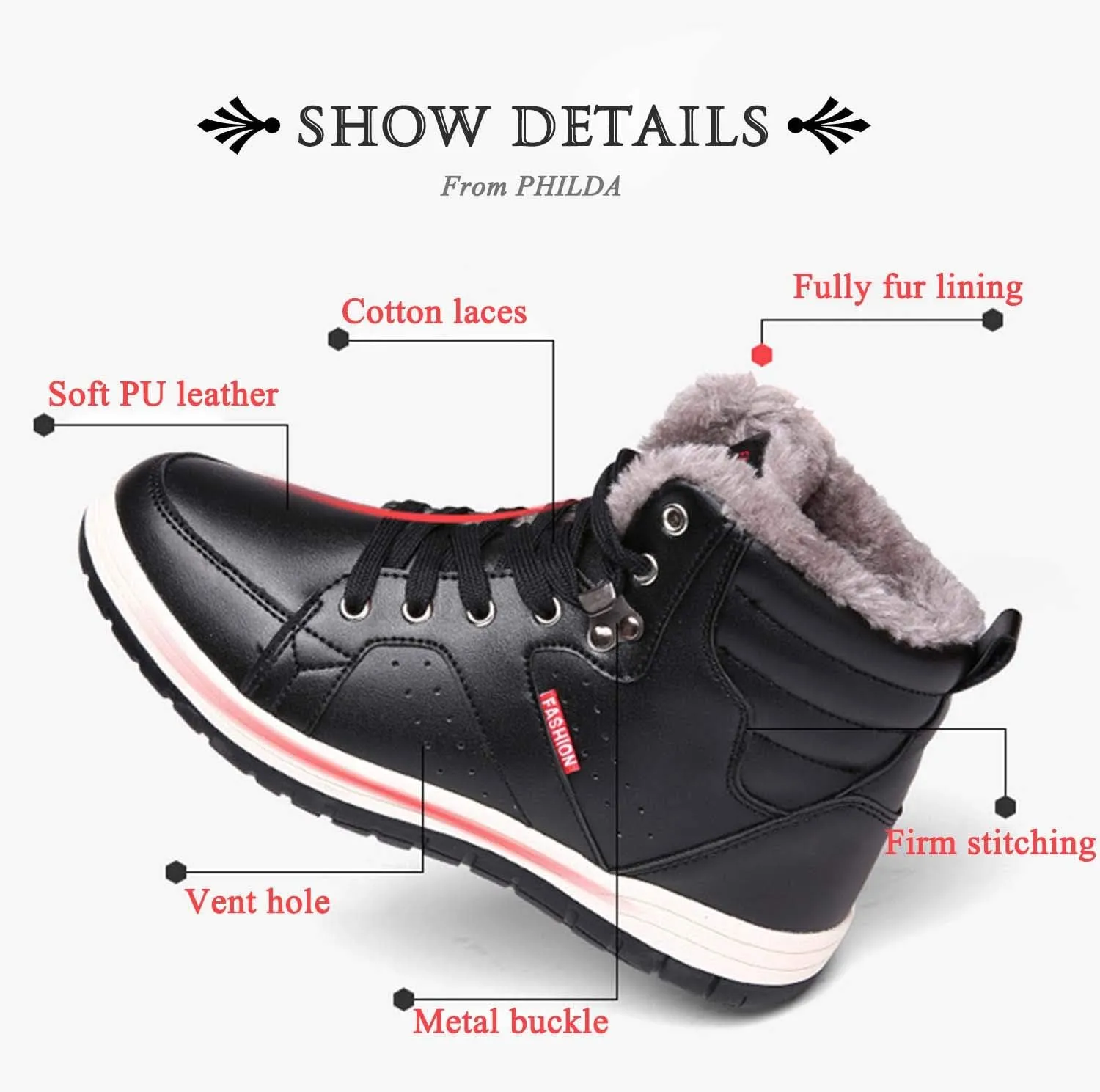 CERYTHRINA Men's Leather Snow Boots Waterproof Fur Lined Lace Up Ankle Sneakers High Top Winter Shoes