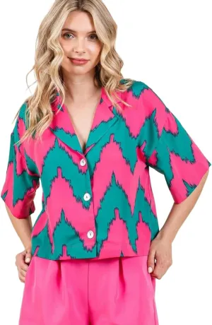 Chevron Print Short Sleeve Crop Shirt