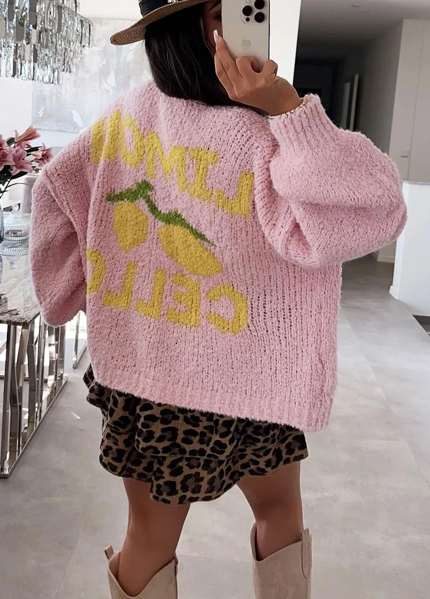 chouyatou Women's Cute Lemon Letter Pattern Cardigan Open Front Jacquard Knitted Sweater Cardigan