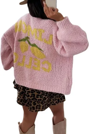 chouyatou Women's Cute Lemon Letter Pattern Cardigan Open Front Jacquard Knitted Sweater Cardigan