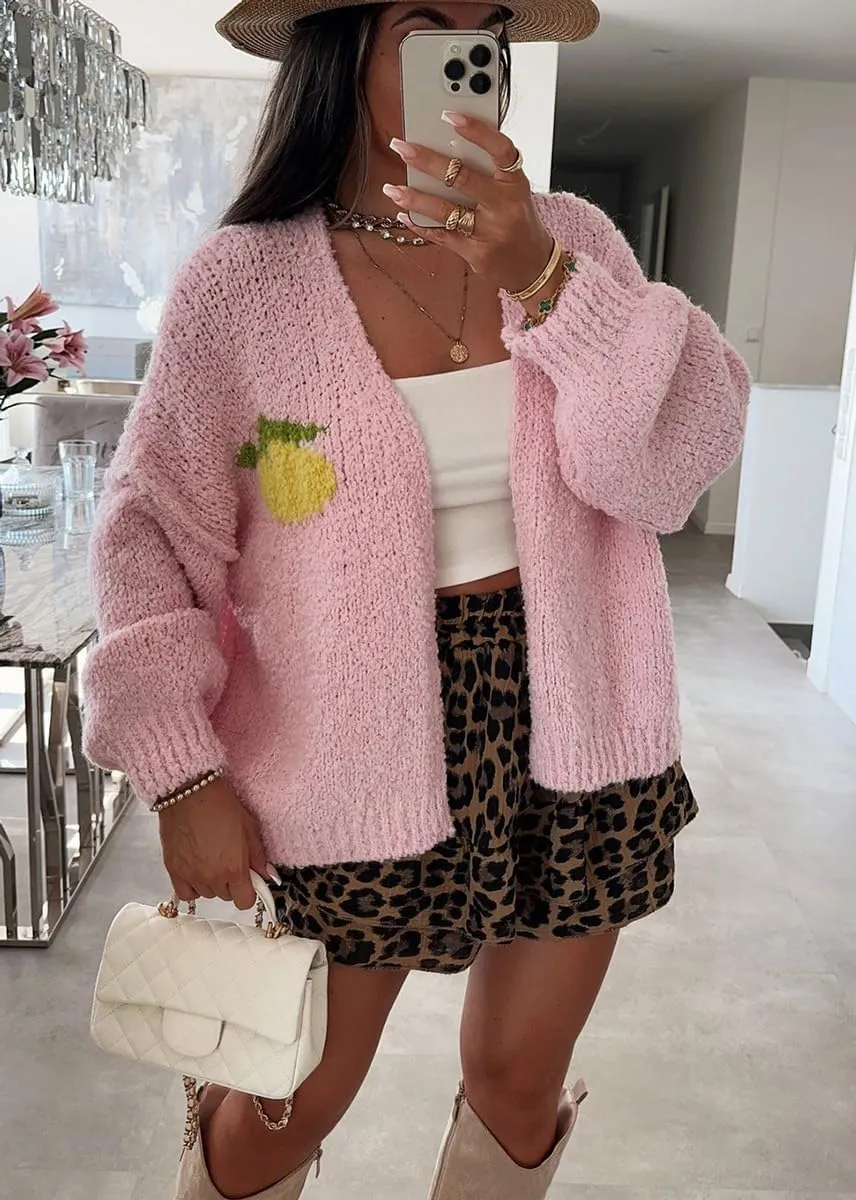 chouyatou Women's Cute Lemon Letter Pattern Cardigan Open Front Jacquard Knitted Sweater Cardigan
