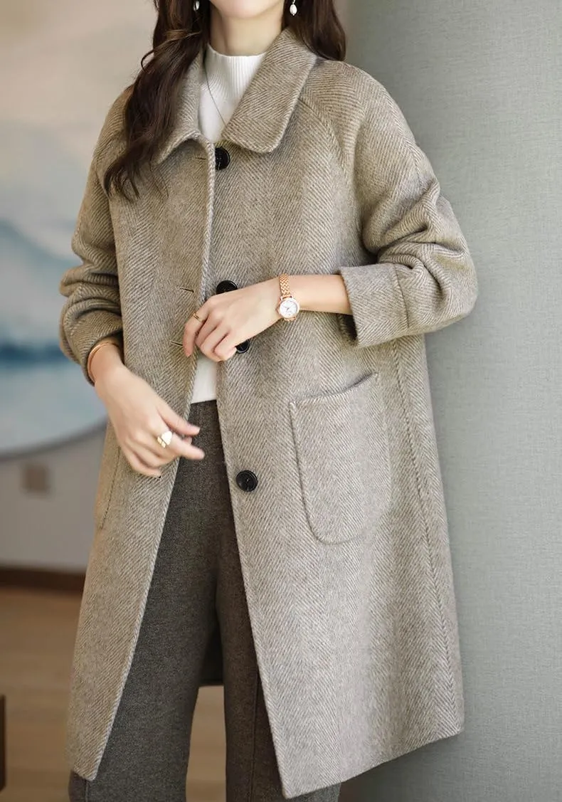 chouyatou Women's Single Breasted Wool Coat Business Office Work Long Winter Pea Coat with Pockets
