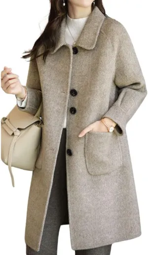 chouyatou Women's Single Breasted Wool Coat Business Office Work Long Winter Pea Coat with Pockets