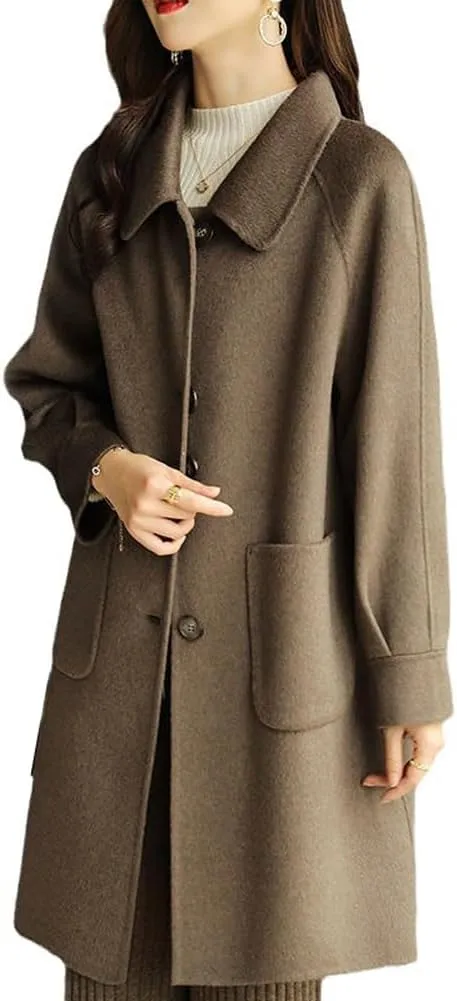 chouyatou Women's Single Breasted Wool Coat Business Office Work Long Winter Pea Coat with Pockets