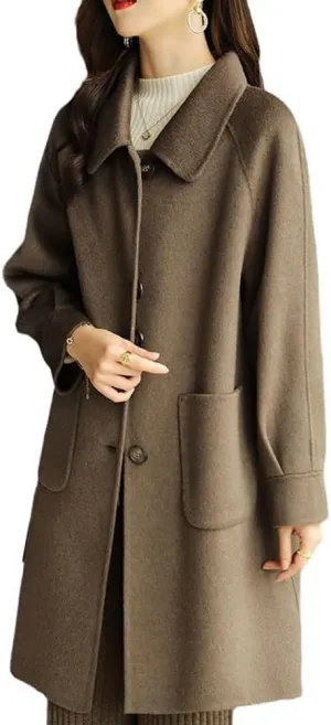 chouyatou Women's Single Breasted Wool Coat Business Office Work Long Winter Pea Coat with Pockets