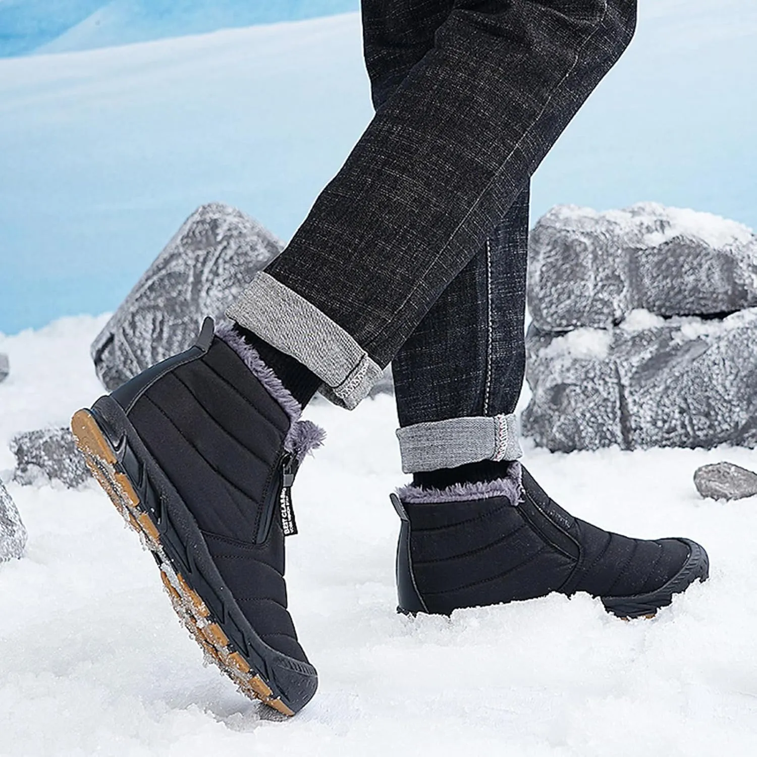 CLOUDEMO Snow Boots Mens Waterproof Winter Boots, Winter Shoes Men, Fur Lined Warm Slip Ankle Boots Zipper Closure Slip on Outdoor Boot Comfortable Walking Shoes