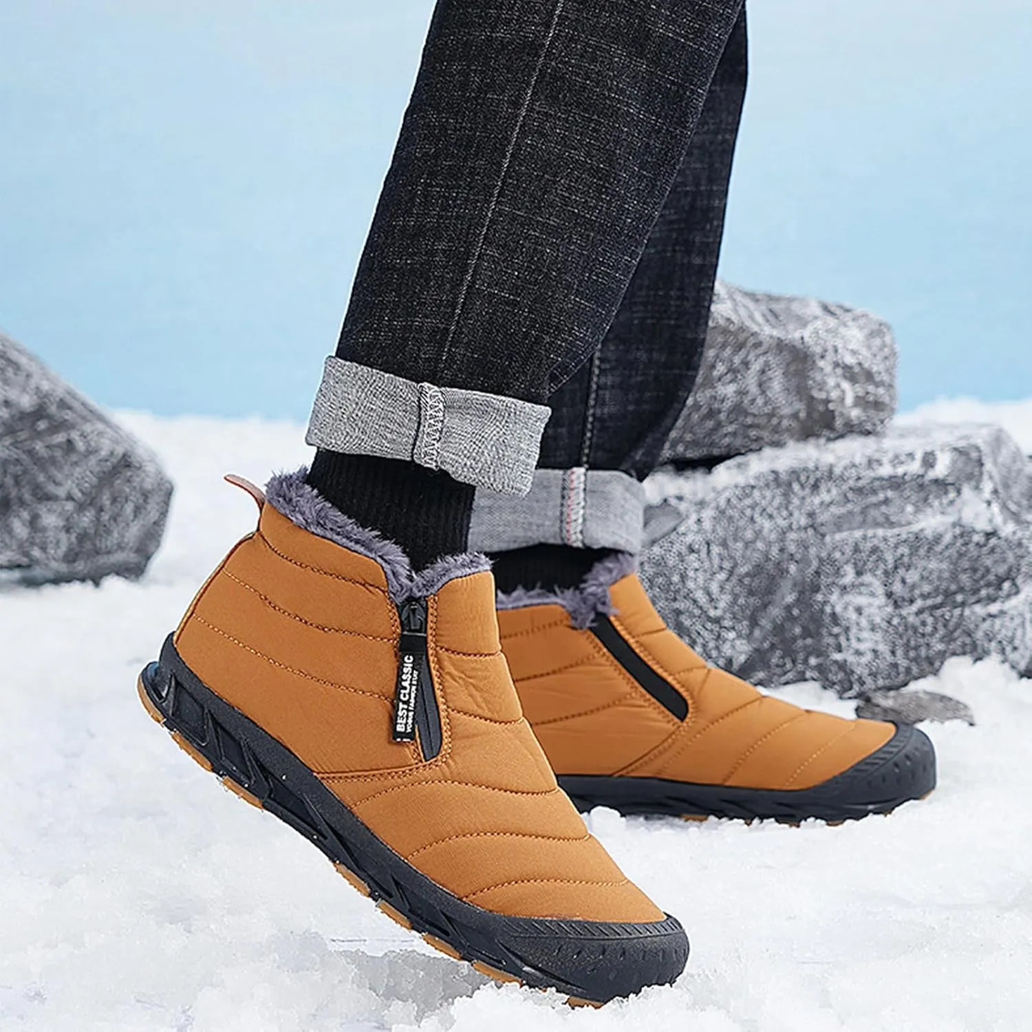 CLOUDEMO Snow Boots Mens Waterproof Winter Boots, Winter Shoes Men, Fur Lined Warm Slip Ankle Boots Zipper Closure Slip on Outdoor Boot Comfortable Walking Shoes