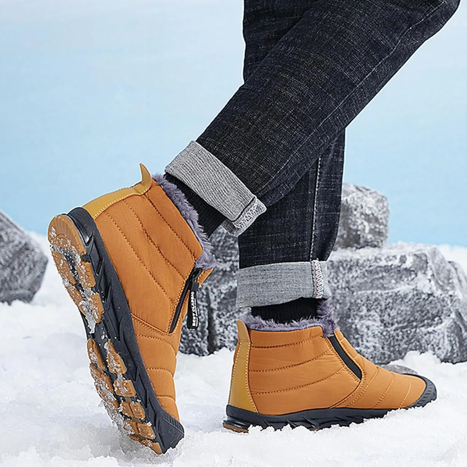 CLOUDEMO Snow Boots Mens Waterproof Winter Boots, Winter Shoes Men, Fur Lined Warm Slip Ankle Boots Zipper Closure Slip on Outdoor Boot Comfortable Walking Shoes