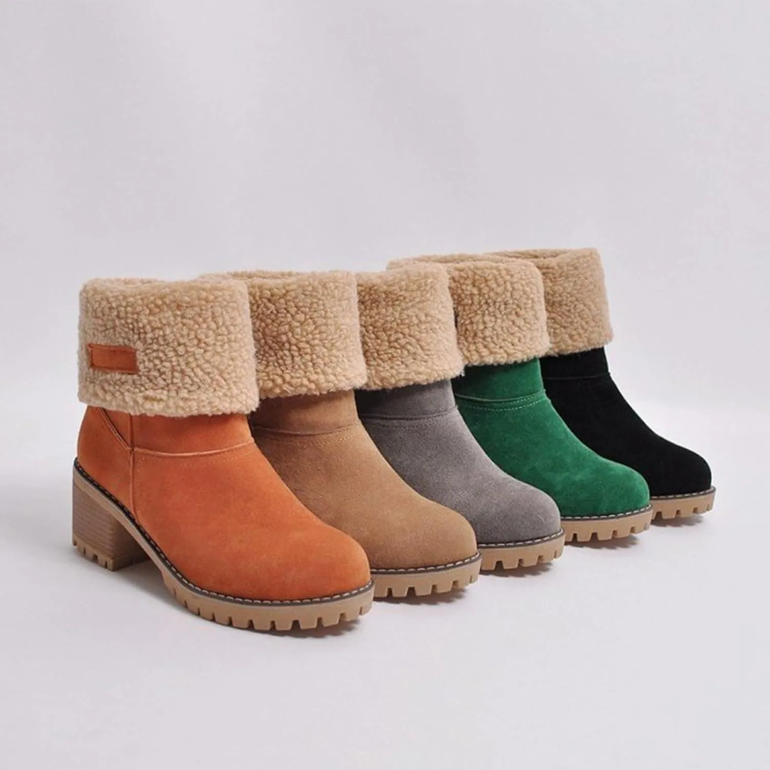 CLOUDEMO Winter Boots for Women, Women's Chunky Heel Round Toe Snow Boots, Seniors' Chunky Heel Winter Boots, Comfortable Mid Chunky Heel Suede Warm Fur Lined Boots