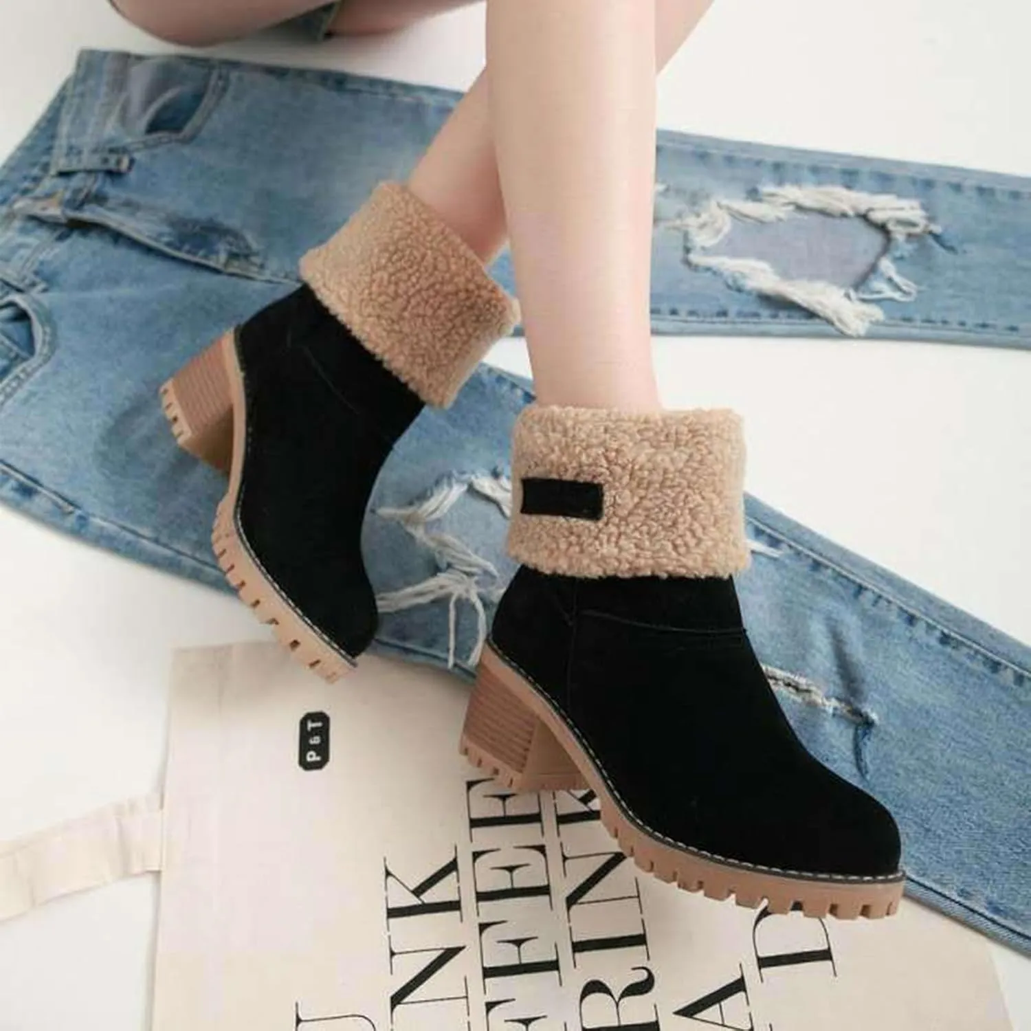 CLOUDEMO Winter Boots for Women, Women's Chunky Heel Round Toe Snow Boots, Seniors' Chunky Heel Winter Boots, Comfortable Mid Chunky Heel Suede Warm Fur Lined Boots