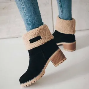 CLOUDEMO Winter Boots for Women, Women's Chunky Heel Round Toe Snow Boots, Seniors' Chunky Heel Winter Boots, Comfortable Mid Chunky Heel Suede Warm Fur Lined Boots