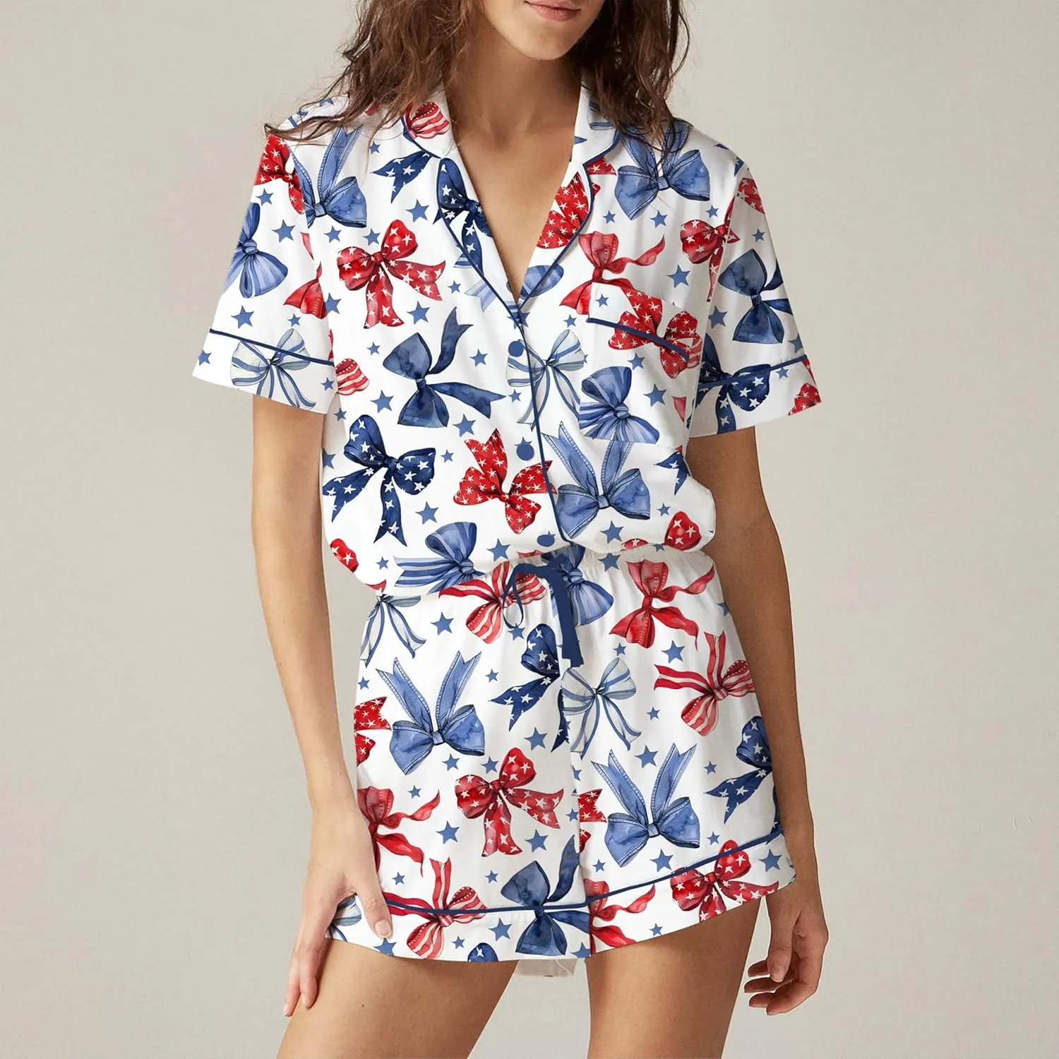 cochineal American Flag Pajamas Sets for Women 2 Piece Short Sleeve Preppy Shirt Shorts Set 4th of July Patriotic Loungewear
