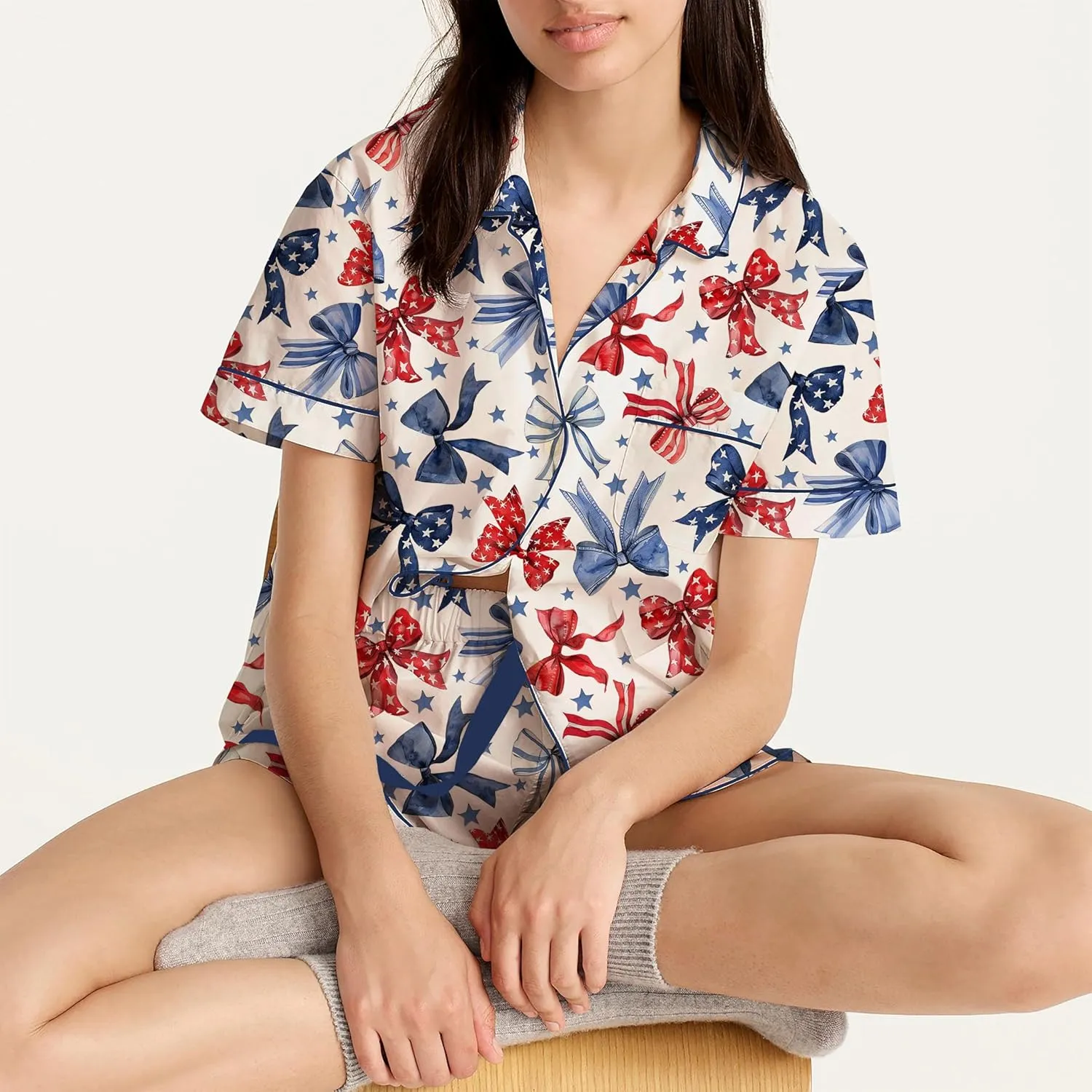 cochineal American Flag Pajamas Sets for Women 2 Piece Short Sleeve Preppy Shirt Shorts Set 4th of July Patriotic Loungewear
