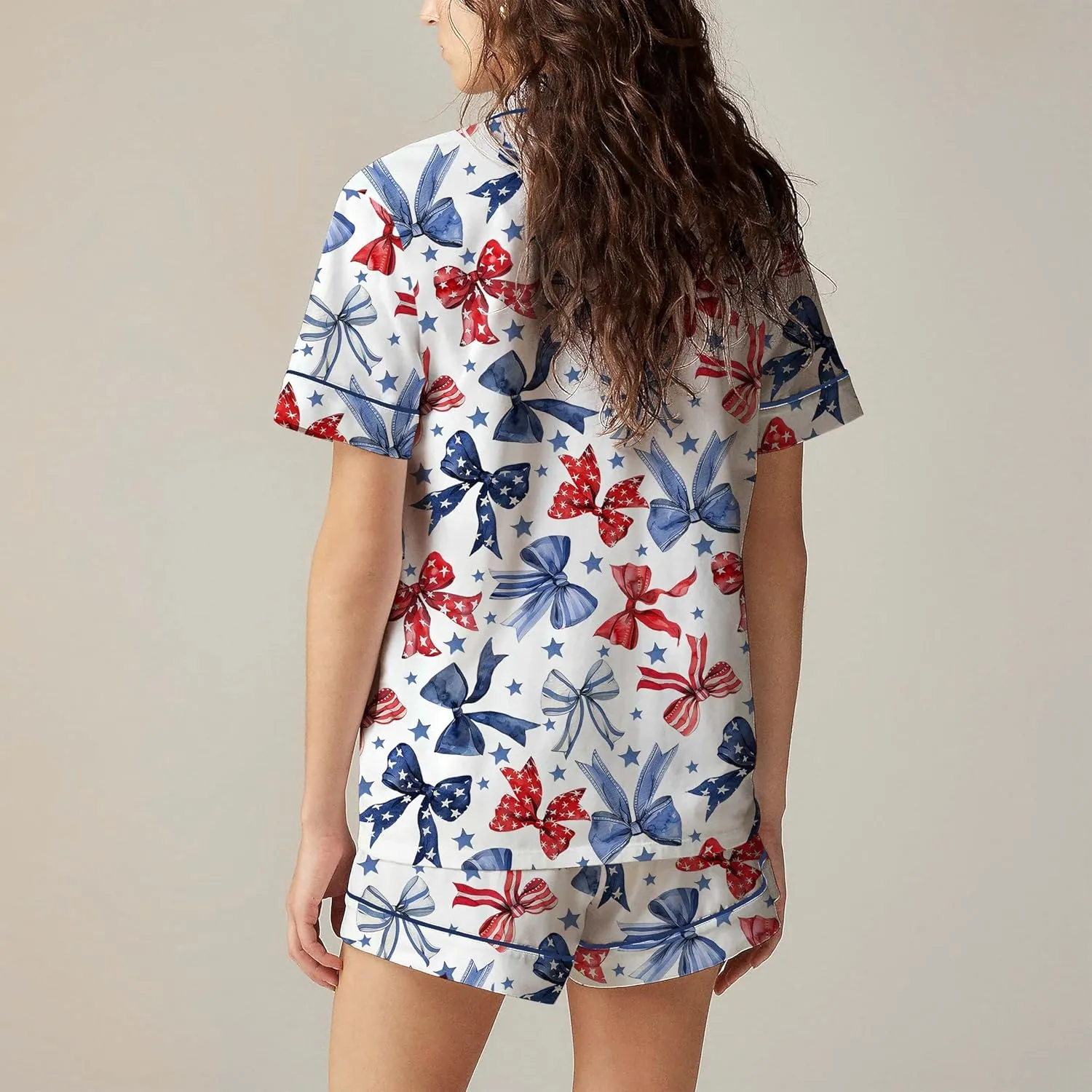 cochineal American Flag Pajamas Sets for Women 2 Piece Short Sleeve Preppy Shirt Shorts Set 4th of July Patriotic Loungewear