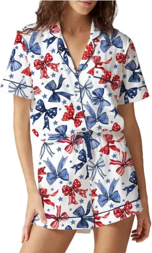 cochineal American Flag Pajamas Sets for Women 2 Piece Short Sleeve Preppy Shirt Shorts Set 4th of July Patriotic Loungewear