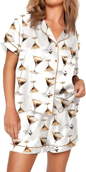 cochineal Women Cute Bow Pajama Shorts Set Y2k Silk 2 Piece Short Sleeve Preppy Shirt Pjs Lounge Set Y2k Martini Sleepwear