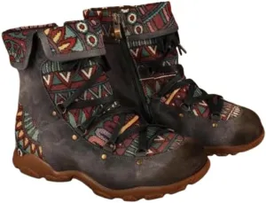 Colorblock Retro Casual Non-Slip Women's Shoes Side Zipper Hiking Boots Fashionable Off-Road Boots Ethnic Style