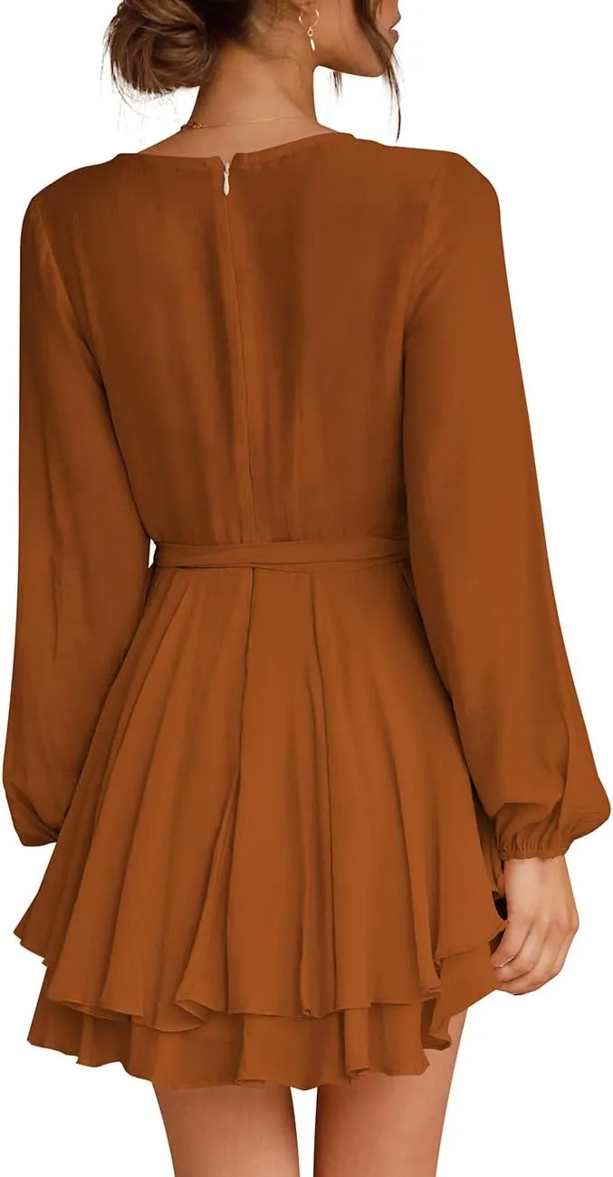 Cosonsen Women's Dress Deep V-Neck Long Sleeve Waist Tie Ruffle Mini Swing Skater Dresses