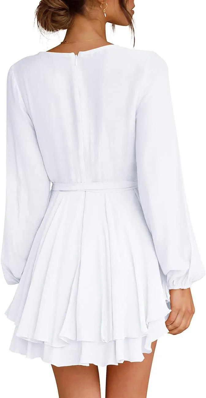 Cosonsen Women's Dress Deep V-Neck Long Sleeve Waist Tie Ruffle Mini Swing Skater Dresses