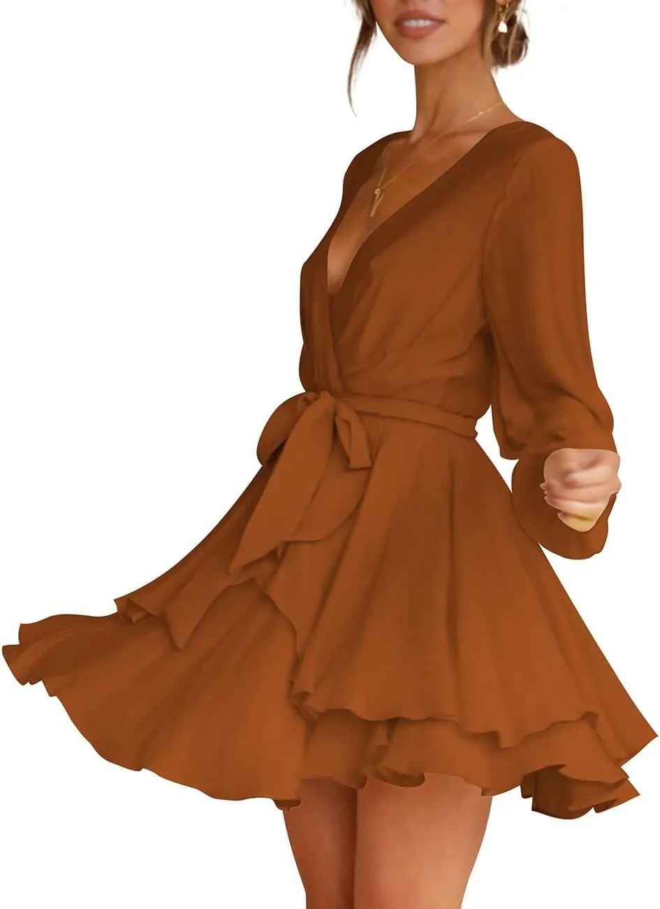 Cosonsen Women's Dress Deep V-Neck Long Sleeve Waist Tie Ruffle Mini Swing Skater Dresses