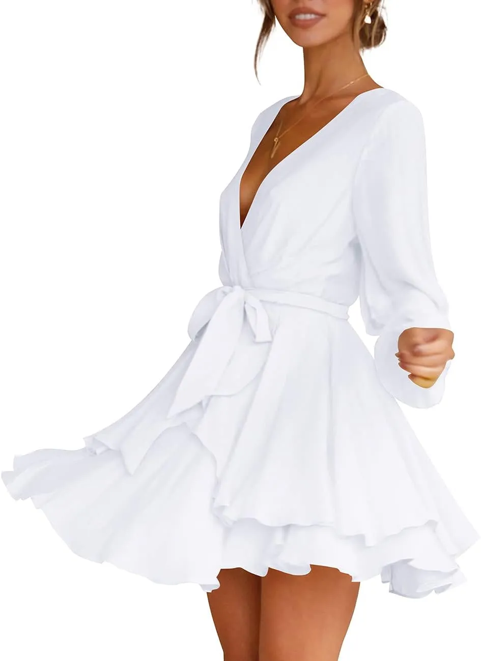 Cosonsen Women's Dress Deep V-Neck Long Sleeve Waist Tie Ruffle Mini Swing Skater Dresses