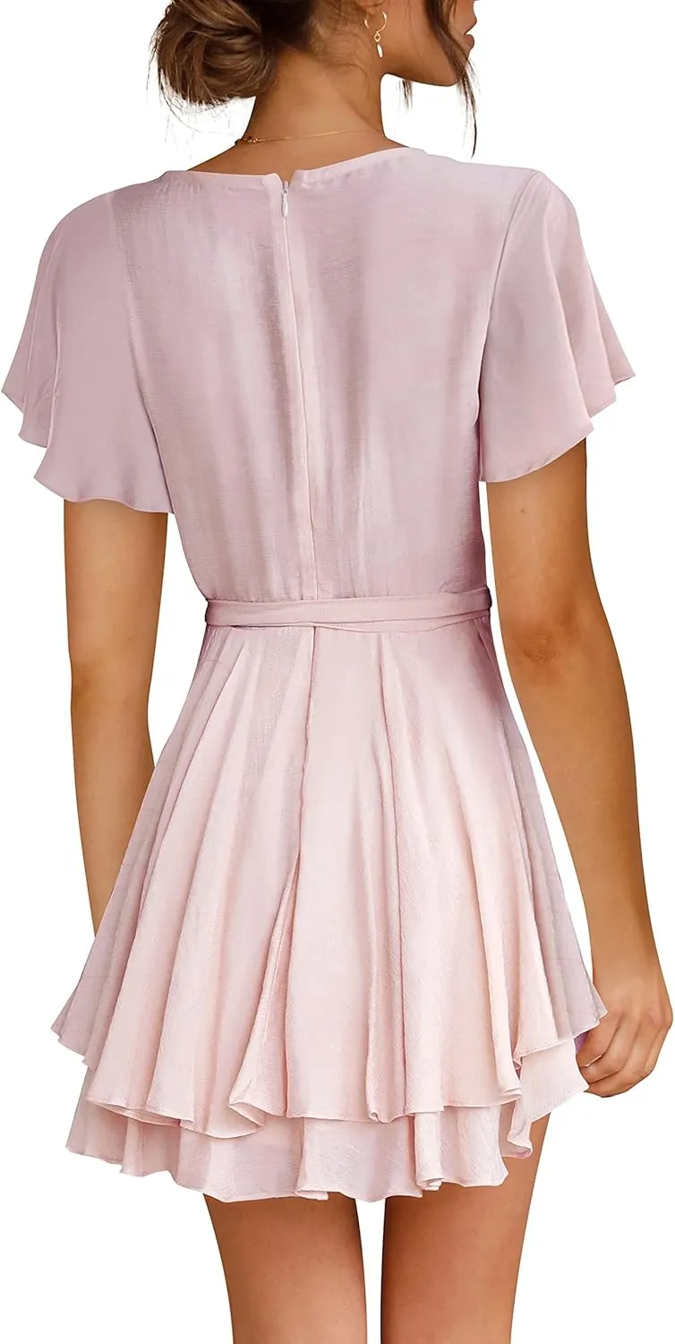 Cosonsen Women's Dress Deep V-Neck Long Sleeve Waist Tie Ruffle Mini Swing Skater Dresses