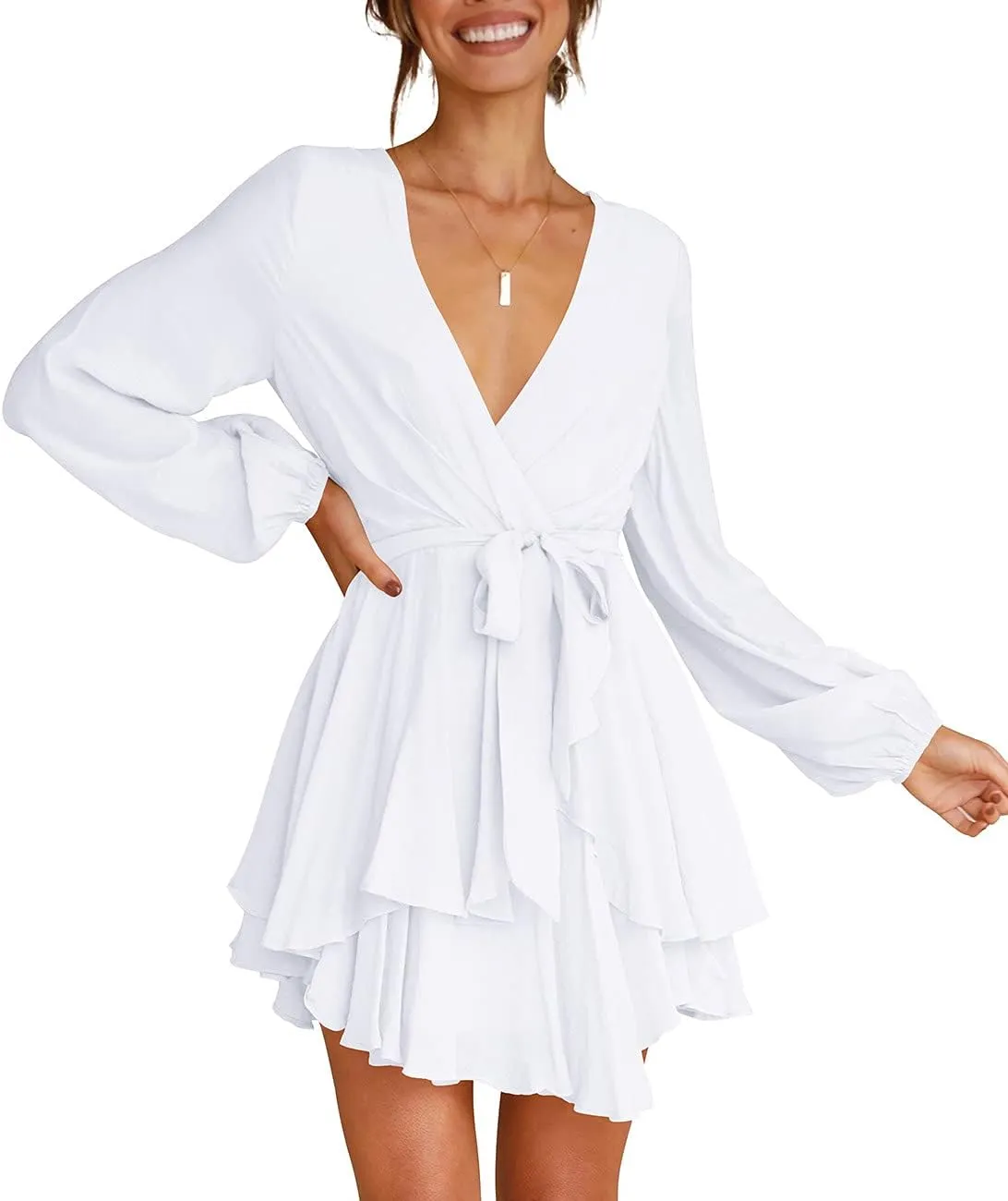 Cosonsen Women's Dress Deep V-Neck Long Sleeve Waist Tie Ruffle Mini Swing Skater Dresses