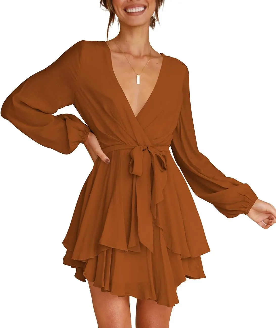 Cosonsen Women's Dress Deep V-Neck Long Sleeve Waist Tie Ruffle Mini Swing Skater Dresses