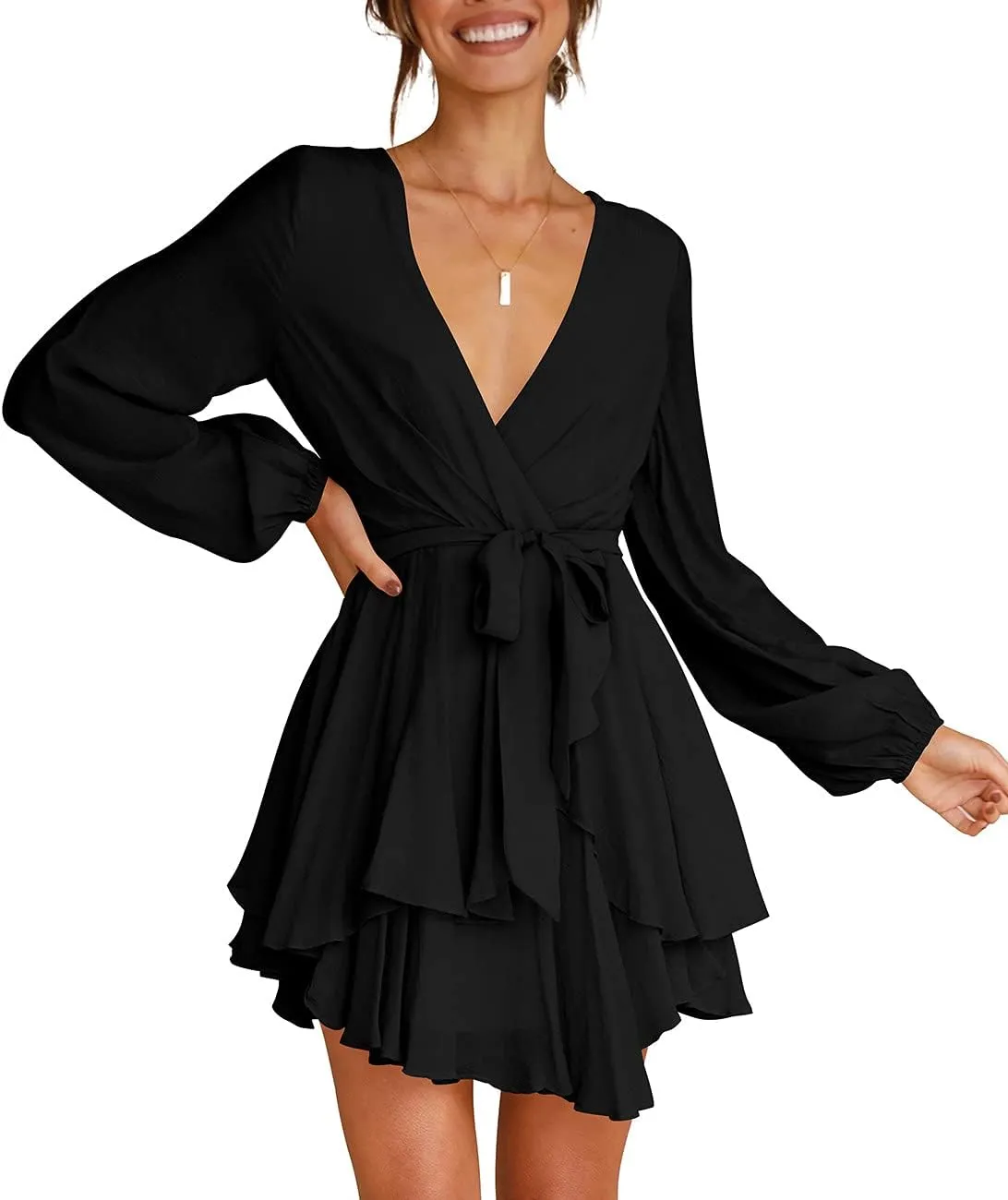 Cosonsen Women's Dress Deep V-Neck Long Sleeve Waist Tie Ruffle Mini Swing Skater Dresses
