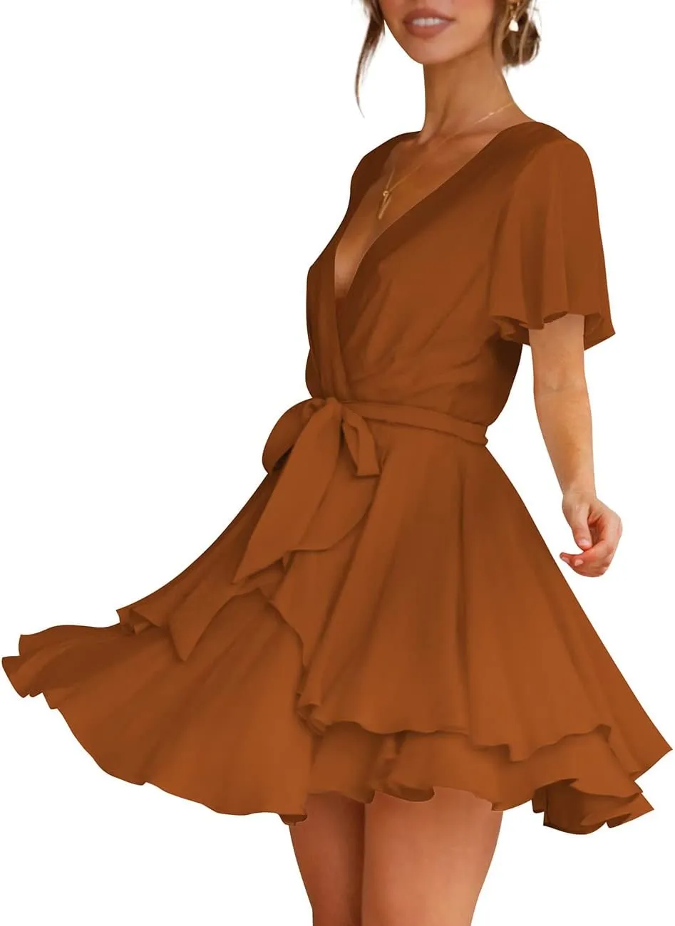 Cosonsen Women's Dress Deep V-Neck Long Sleeve Waist Tie Ruffle Mini Swing Skater Dresses