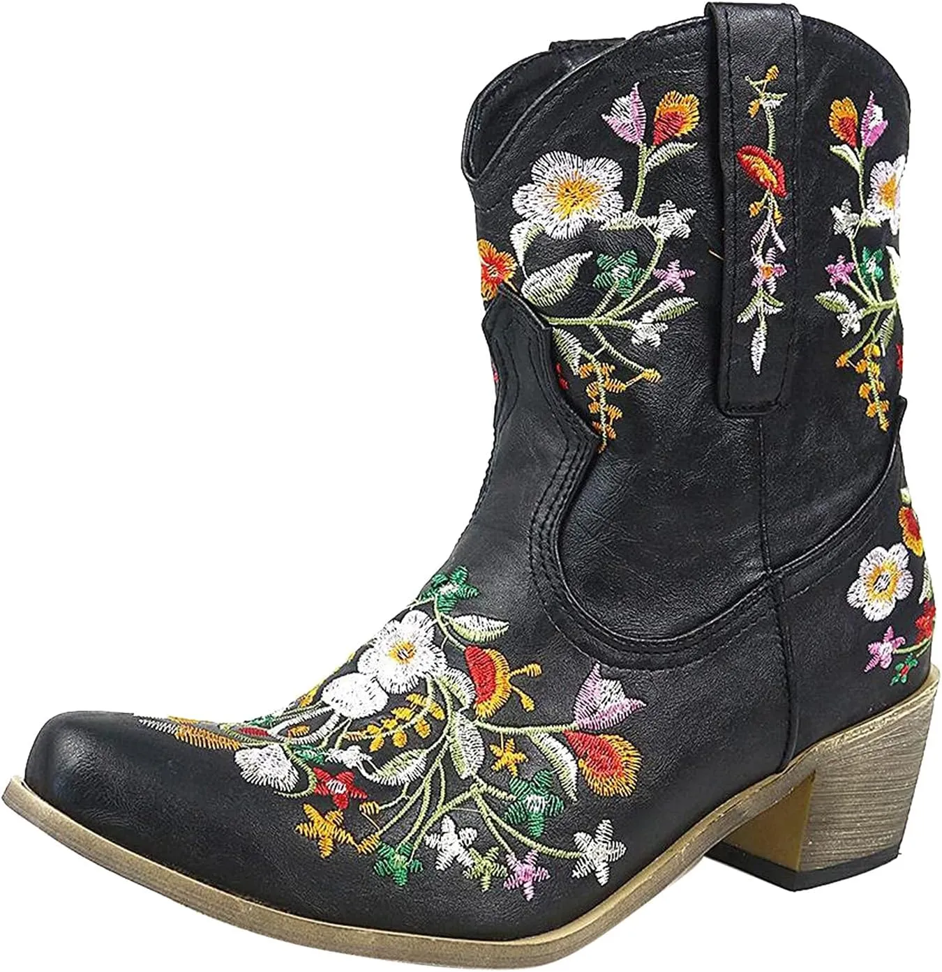 Cowboy Boots for Women Ankle Cowgirl Floral Embroidery Stitched Chunky Heel Pointy Toe Retro Western Boots
