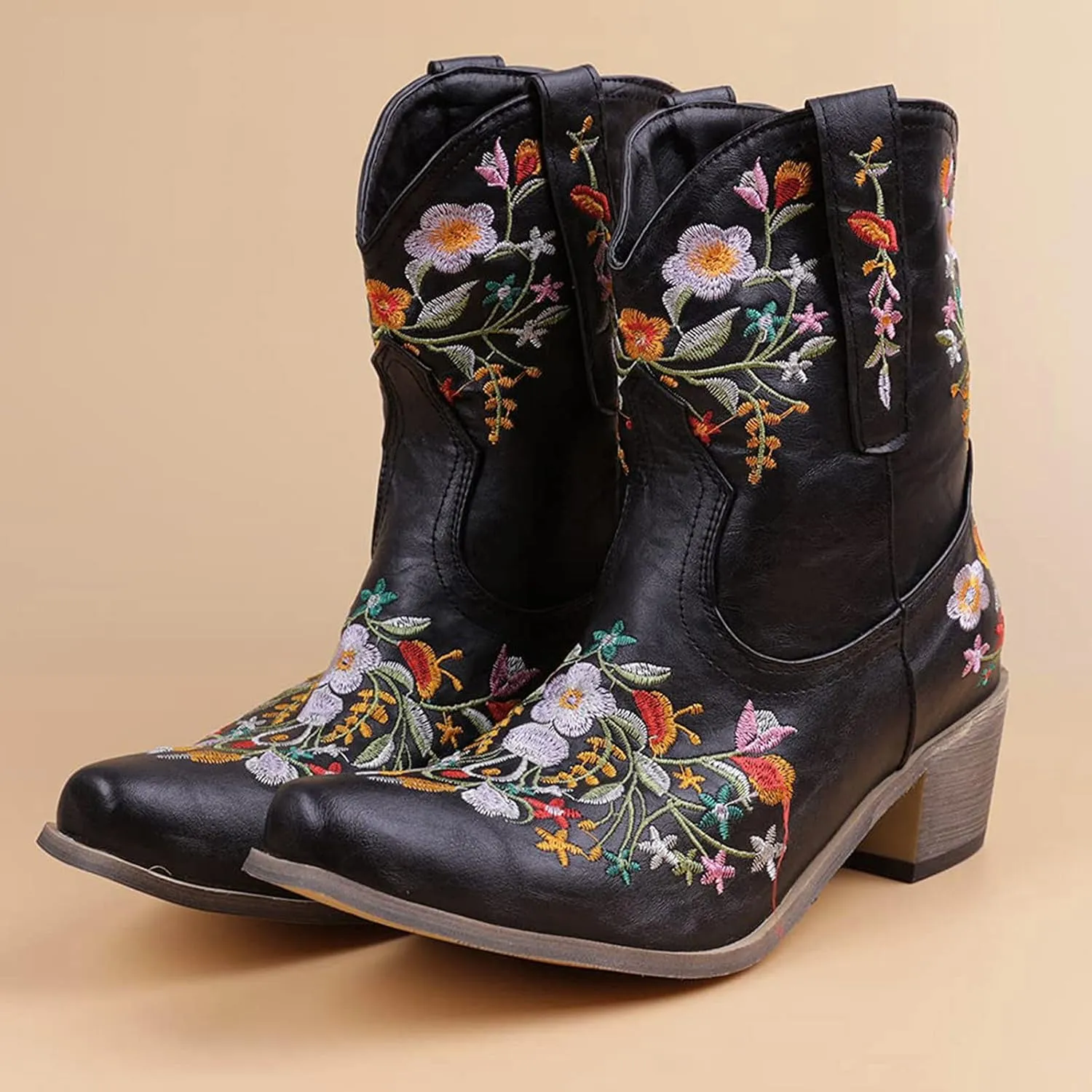 Cowboy Boots for Women Ankle Cowgirl Floral Embroidery Stitched Chunky Heel Pointy Toe Retro Western Boots
