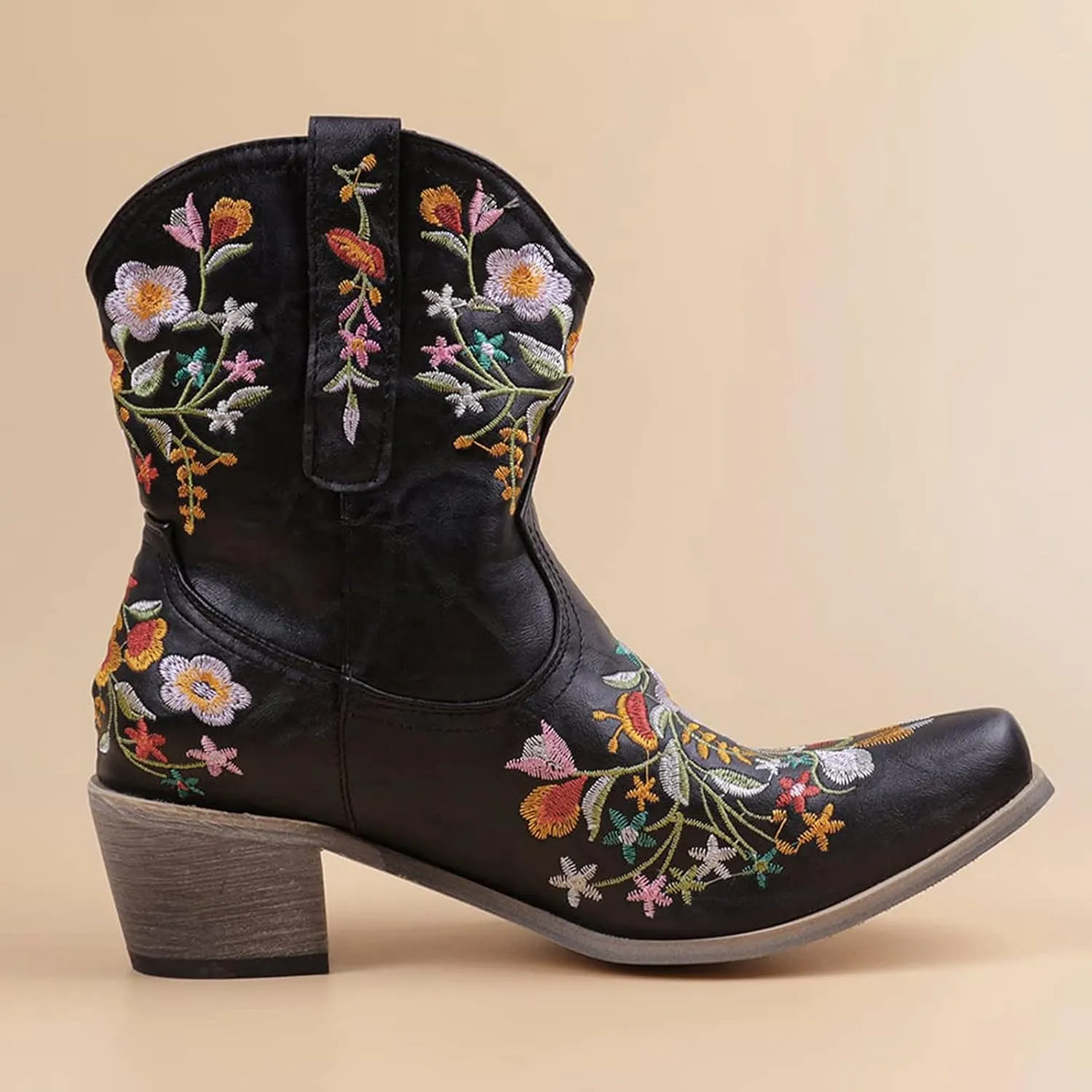 Cowboy Boots for Women Ankle Cowgirl Floral Embroidery Stitched Chunky Heel Pointy Toe Retro Western Boots