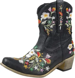 Cowboy Boots for Women Ankle Cowgirl Floral Embroidery Stitched Chunky Heel Pointy Toe Retro Western Boots